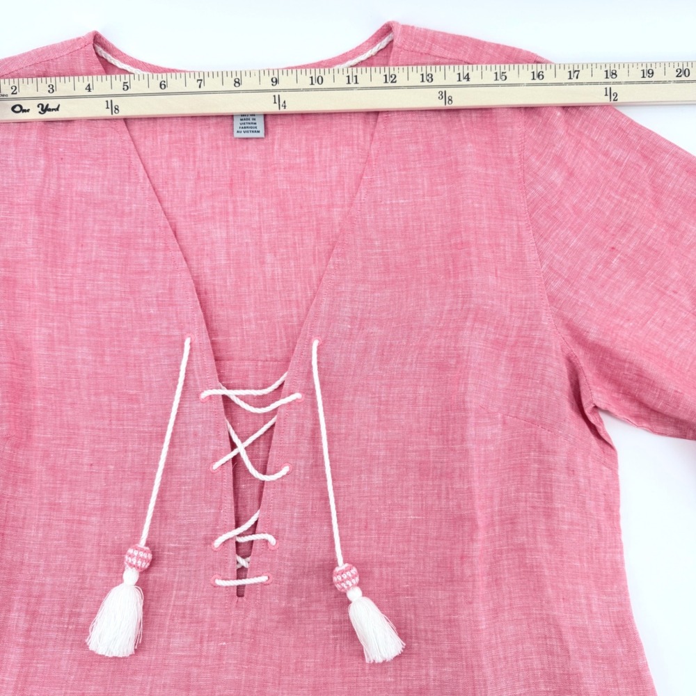 Tommy Bahama Tunic Women Size M Coral Pink 100% Linen Lace Up Tassel Top - Picture 7 of 10